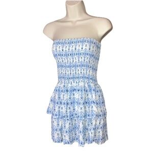 Subdued Blue White Shirred Sun Dress Double Ruffle Sleeveless Smocked Italy 6